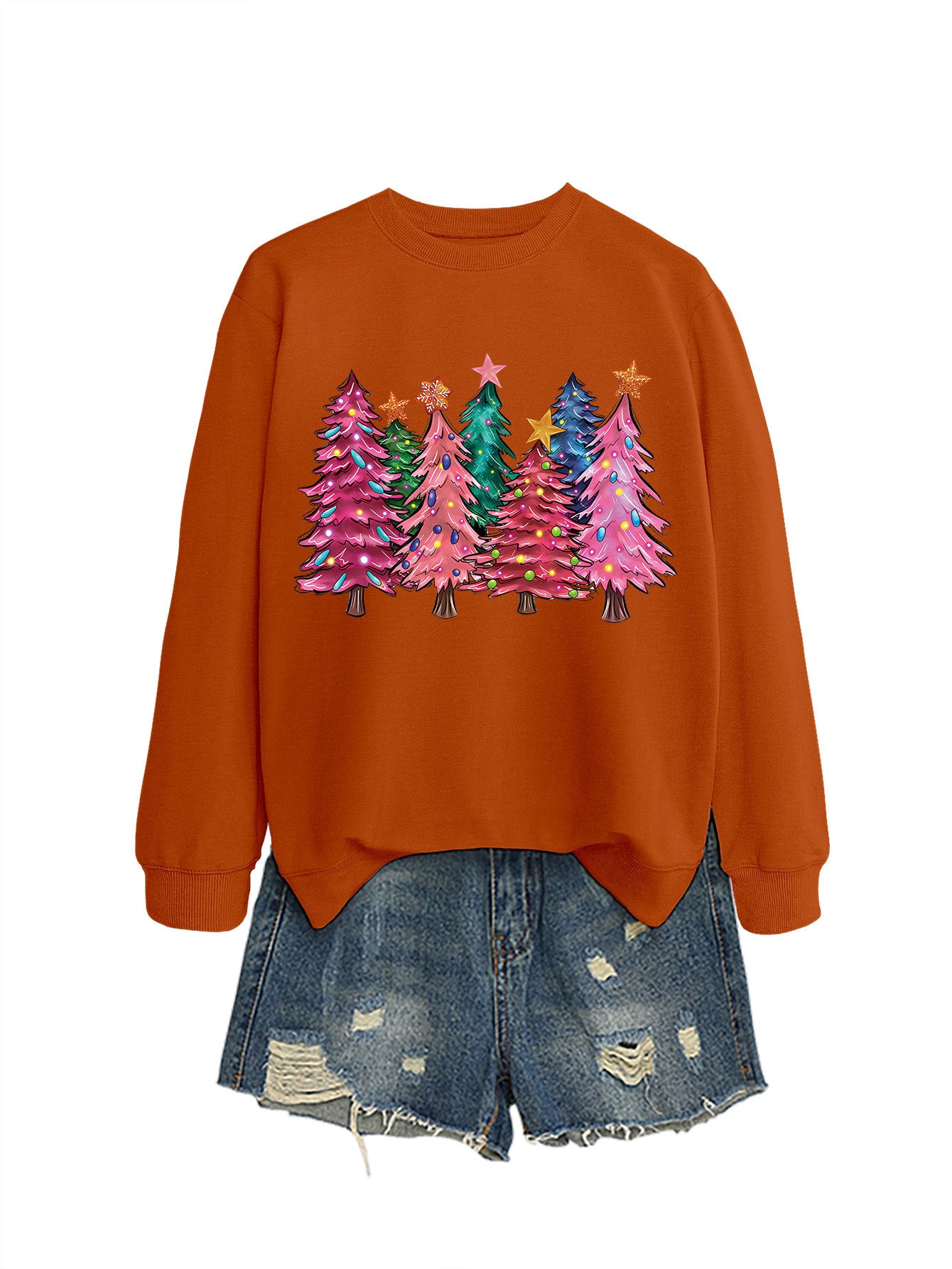 Seven Pink Christmas Trees Autumn/Winter Round Neck Hoodie