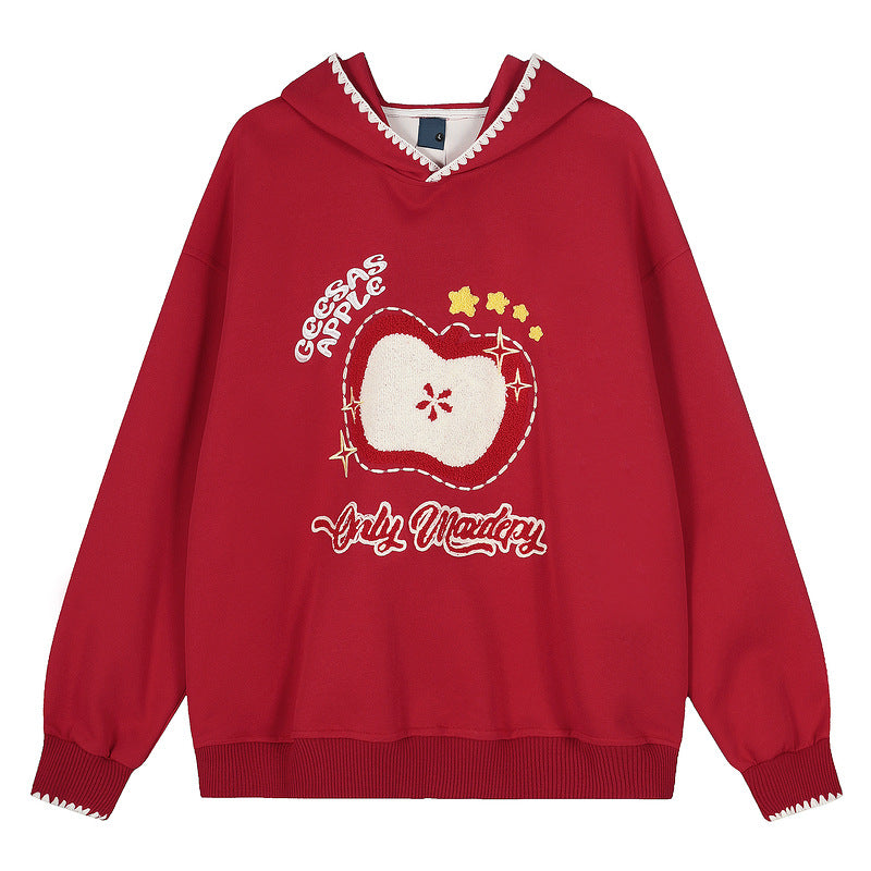 Christmas and New Year red apple embroidered hoodie