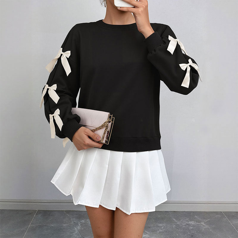 Round neck bow red Christmas hoodie for women