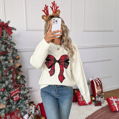 Christmas bow plaid embroidered round neck sweater for women
